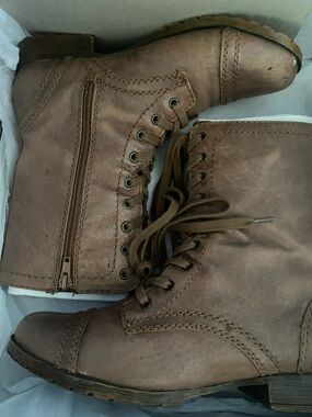 Nine West Tan Lace-Up Combat Boots with Side Zipper
